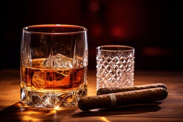 Whiskey in a crystal glass next to a cigar on a wooden surface with a warm bokeh background