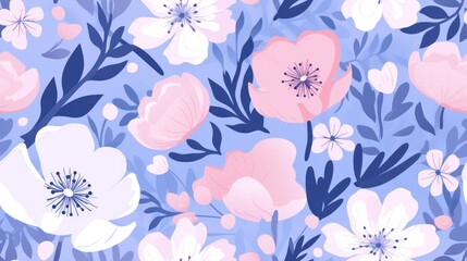  a blue and pink floral wallpaper with pink and white flowers on a blue background with pink and white flowers.