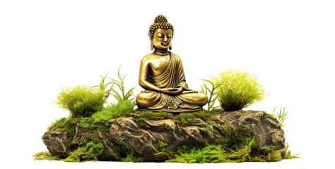 Golden buddha statue on mossy rocks, cut out