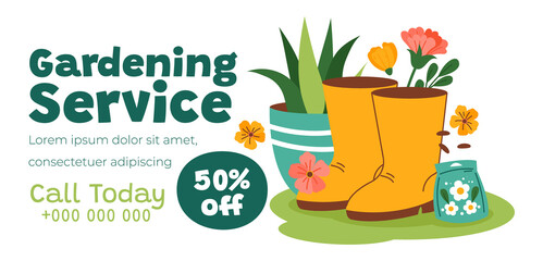 Hand drawn flower and plants discount advertising composition with gardening boots