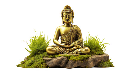 Golden buddha statue on mossy rocks, cut out - obrazy, fototapety, plakaty
