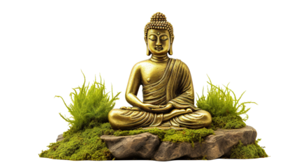 Golden buddha statue on mossy rocks, cut out
