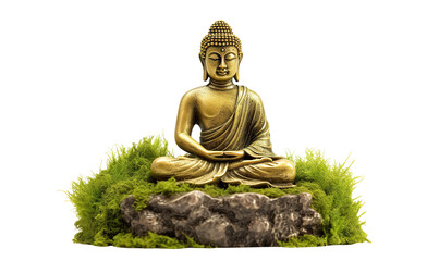 Golden buddha statue on mossy rocks, cut out