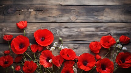  a bunch of red flowers sitting on top of a wooden table in front of a wooden planked wall with white daisies and daisies.