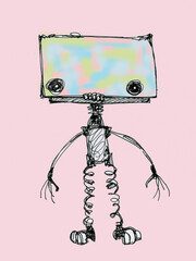 Toy robot on a pink background. Cartoon style character.