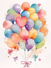 Watercolor birthday Balloons: A card featuring a bunch of colorful balloons, each with a sweet birthday wish.