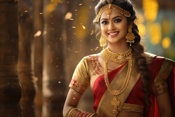 indian bride wearing traditional saree and gold jewelry - obrazy, fototapety, plakaty