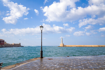 The Venetian Port in the historic city center , Europe, Greece, Crete, Chania, in summer on a sunny day.