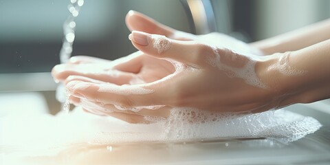 Washing Hands with Soap Closeup. Woman Wash her Palms, Soapy Arms, Washing Hands - obrazy, fototapety, plakaty
