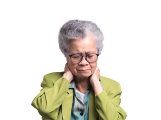 Senior woman suffering from neck pain stands on a transparent background.