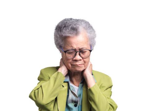 Senior woman suffering from neck pain stands on a transparent background. - Powered by Adobe