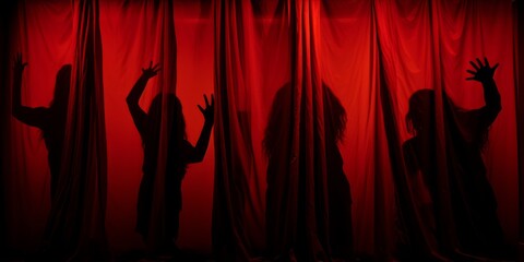 Silhouettes of people with raised hands behind a red curtain