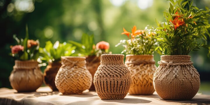 Wicker Flower Pots, Handmade Decorative Flower Pots, Woven Boho Flowerpot Sell