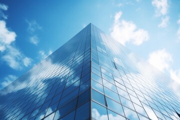 Reflective glass facade of a skyscraper against a blue sky with clouds.