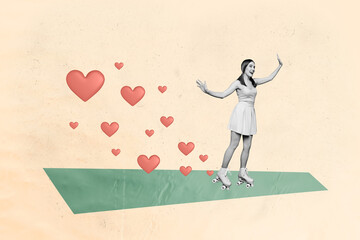 Collage funky lady riding roller skates in stylish skirt and have some fun without her boyfriend...