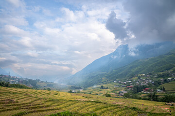 The traditional village on the mountainsides with tropical forests with green and yellow rice terraces, in Asia, Vietnam, Tonkin, Sapa, towards Lao Cai, in summer, on a cloudy day.