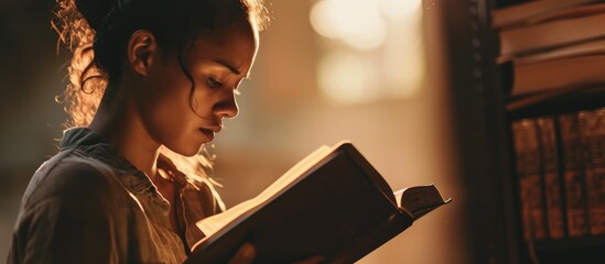Woman holding Bible, reading and praying. - obrazy, fototapety, plakaty