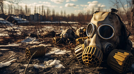 Gas masks and respirator in ruined Pripyat a ghost - obrazy, fototapety, plakaty