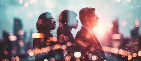 Three confident business people collaborating in a blurry cityscape with a creative double exposure effect. Symbolizing leadership. - obrazy, fototapety, plakaty