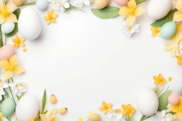 Naklejka na ściany i meble easter background with colorful eggs and flowers on white background.happy Easter, spring, farm, holiday,festive scene , greeting cards, posters, .Easter holiday card concept.copy space