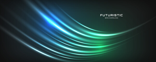 3D green blue techno background on dark space with glow lines effect shape decoration. Fast motion style. Modern graphic design element panoramic high speed concept for banner, card, or brochure cover