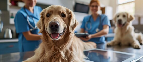 Young veterinarians using tablet with diagnosis software, examining obedient Golden Retriever on clinic table.
