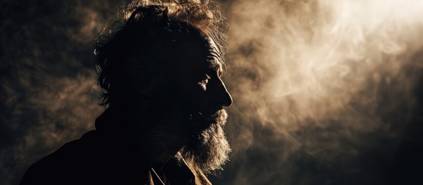 Silhouette of an aged, unshaven man with a beard, facing forward - dim, solitary figure.