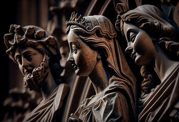 Detail of the sculptures that adorn the facade of the church of the Pilgrim Virgin, in Pontevedra (Spain). Generative AI - obrazy, fototapety, plakaty