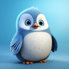 Fototapeta premium Baby funny cartoon penguin, blue ice color background