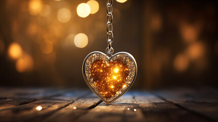 Glowing shiny gold heart keychain - obrazy, fototapety, plakaty