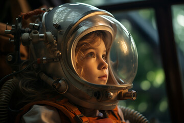 A girl plays as an astronaut in a space helmet and suit