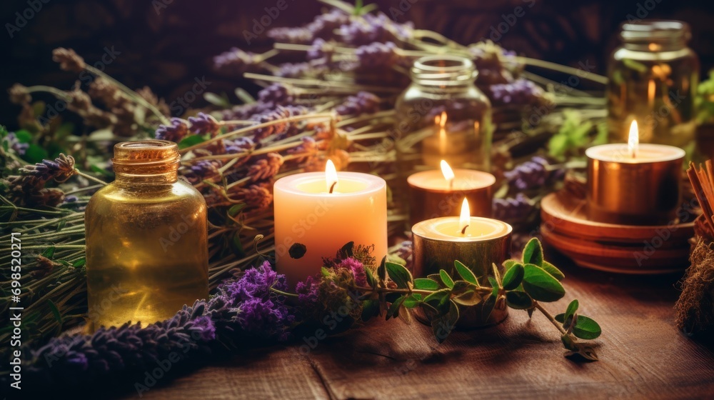 Poster a table topped with lots of candles next to a bunch of flowers and bottles filled with different typ