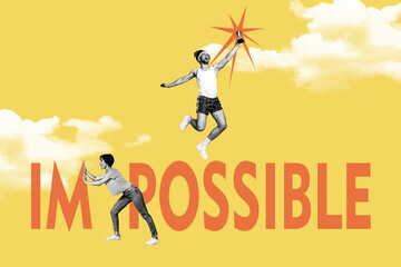 Creative collage poster picture crazy sportive man celebrating victory woman pushing letter impossible target accomplishment