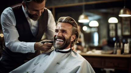 happy man on the barber doing haircut and beard trim - obrazy, fototapety, plakaty