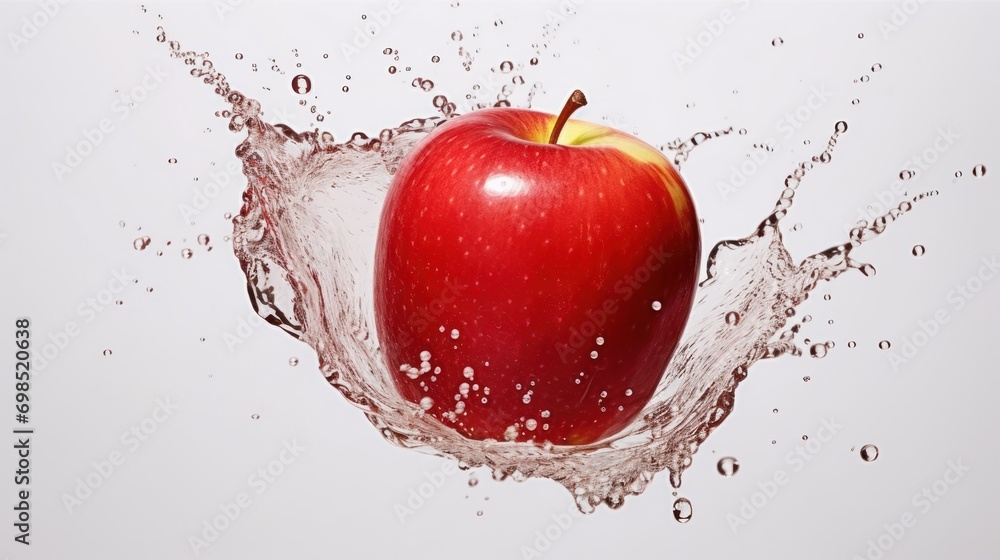 Poster an apple with water splashing out of it's core and a red apple with a bite taken out of it.