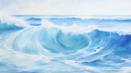  a painting of a blue ocean with a wave coming towards the shore and a person standing on a surfboard in the foreground.