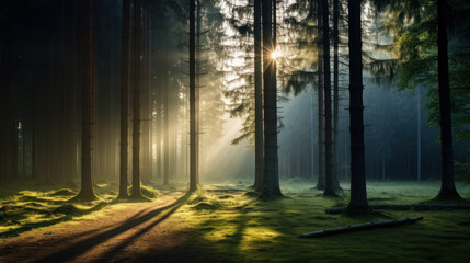 misty morning in forest with sun rays