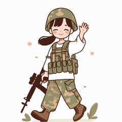 Cute female soldier character standing in flat design style