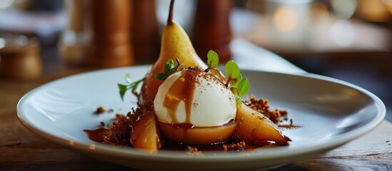 Yummy dessert with spiced syrup, ice cream, and poached pears.