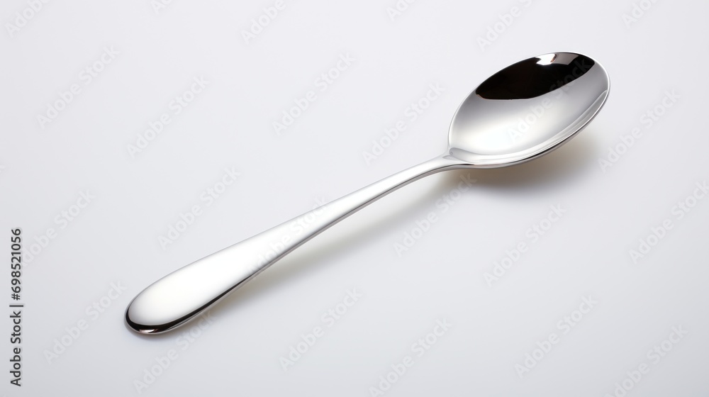 Poster a close up of a spoon on a white surface with a reflection of the spoon on the side of the spoon.