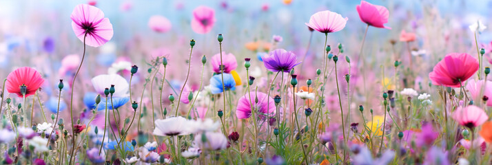 Spring meadow with multi-colored forest flowers. Vibrant colours, blooming flowers.