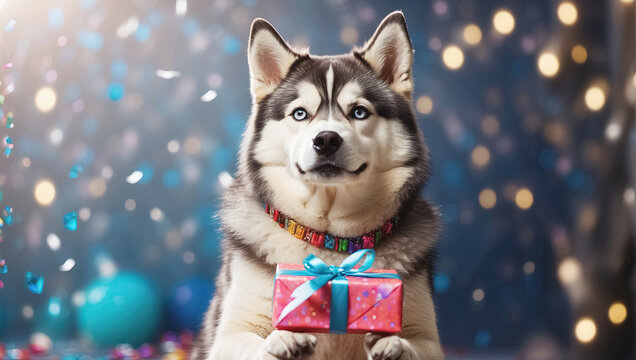 dog with gift on festive background. Generative Ai