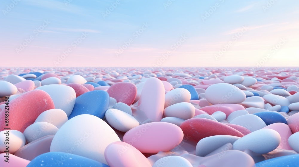 Poster a bunch of different colored rocks in the middle of a field with a blue and pink sky in the backgrou