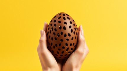 Hands holding chocolate Easter egg isolated on yellow background