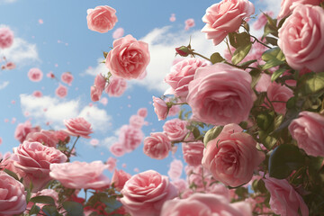Pink roses and floating flower petals to the sky