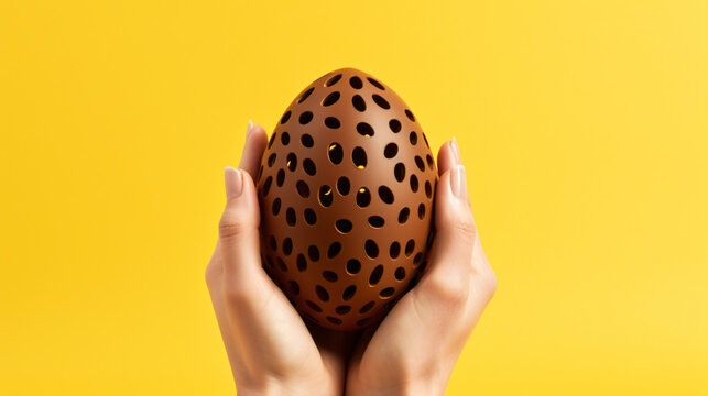 Naklejki Hands holding chocolate Easter egg isolated on yellow background