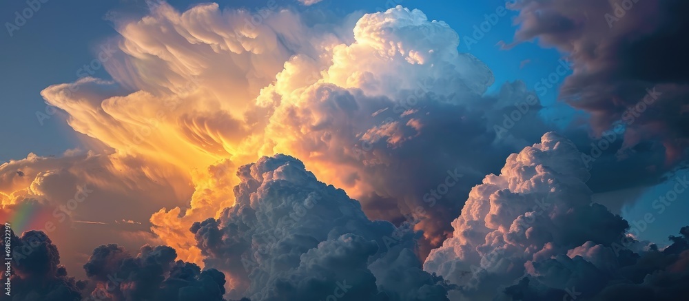 Canvas Prints rainbow hues reflect on iowa's cumulous clouds. brilliant colors glow at horizon. dark blue sky abov