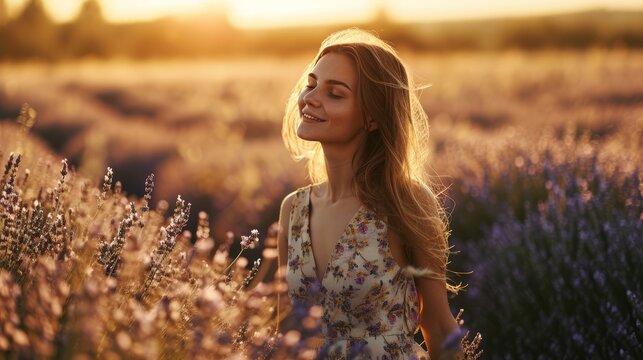 A beautiful young woman in a dress around happily in a field of lavender, France.