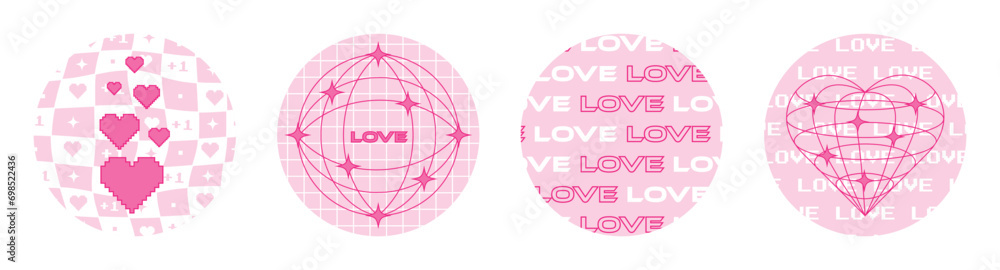 Poster set of round stickers for valentine's day in the style of the 2000s. vector design elements for scra
