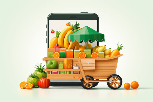 Street vending trolley with grocery, fruits and vegetables and a smartphone with blank screen on light grey background. Food market online ordering and delivery concept. Drawing imitation.